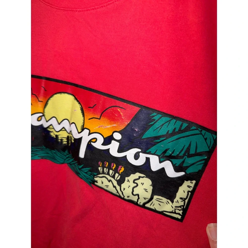 Champion Mens‎ Red Tropical Sunset Graphic Logo T-Shirt Size Large Short Sleeve - Picture 3 of 6
